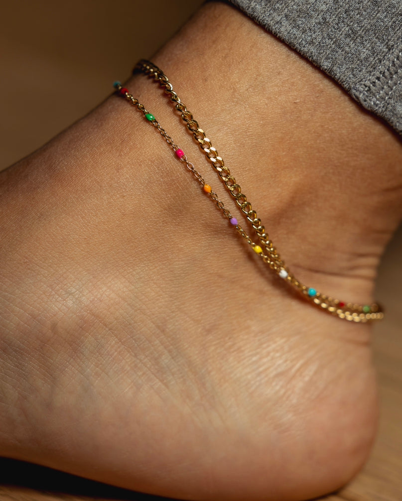 Double chain and beads anklet waterproof gold jewellery